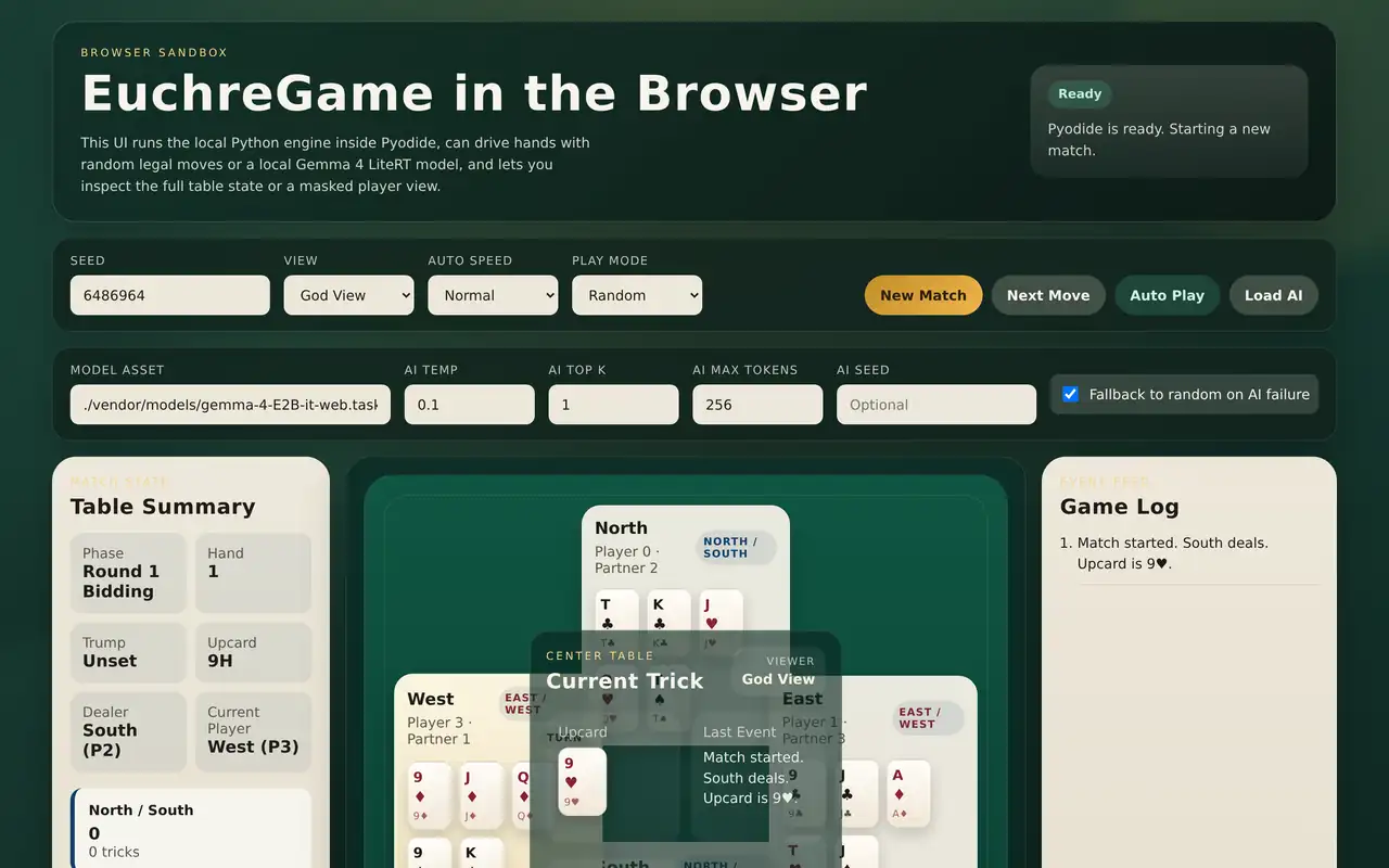 EuchreGame — Headless Python Euchre engine with AI data factory and browser sandbox