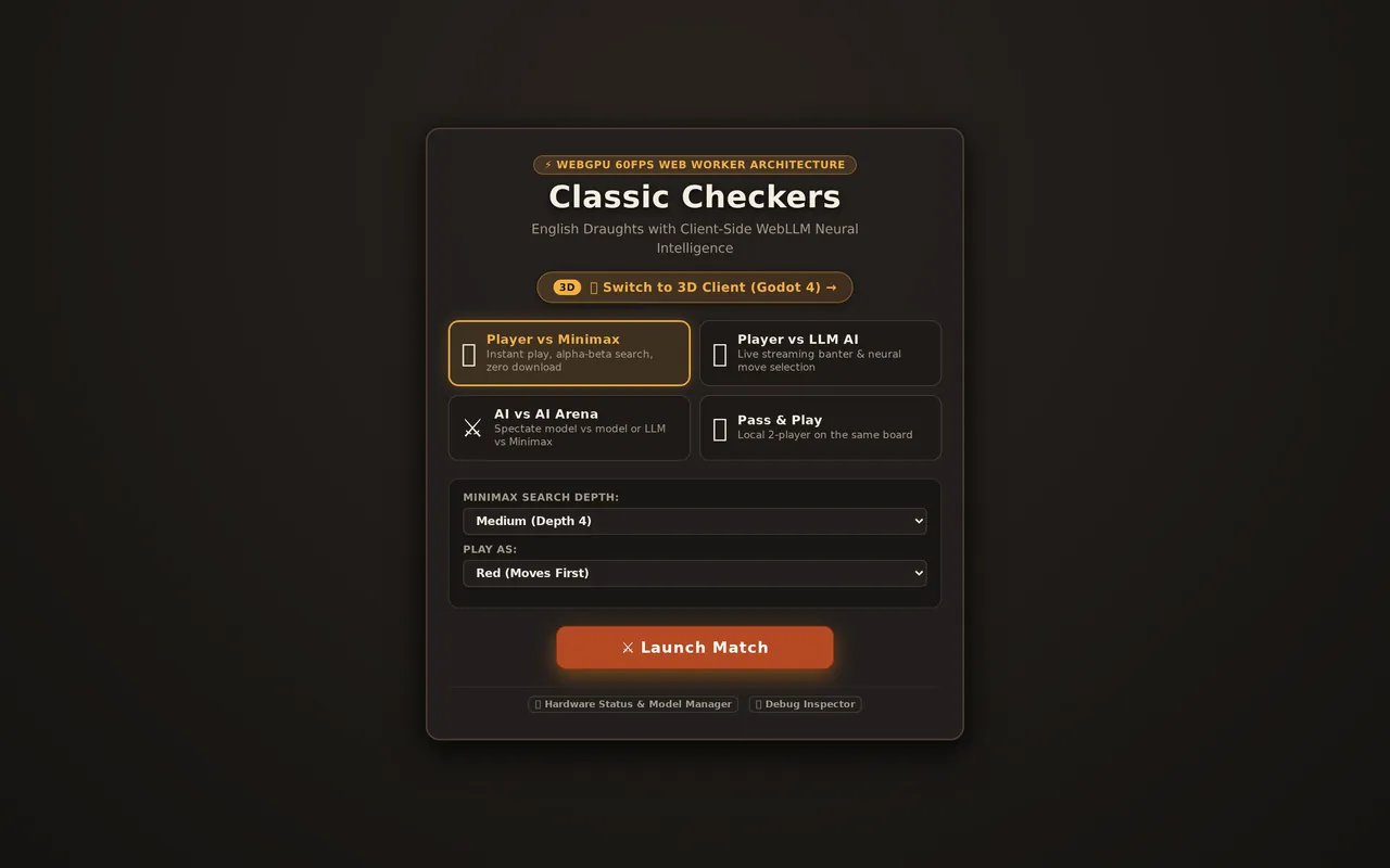 Classic Checkers & AI Arena — English Draughts with in-browser WebLLM AI, persona banter, and a spectator arena