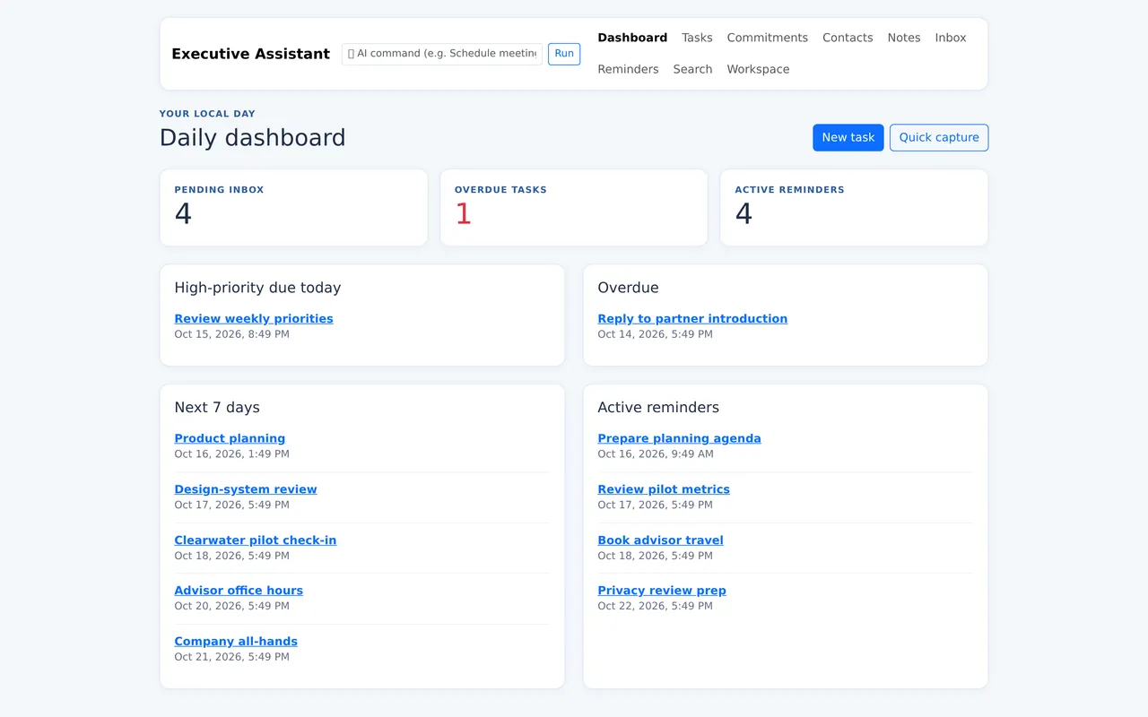 Executive Assistant — Local, single-user web app for tasks, meetings, reminders, and follow-ups