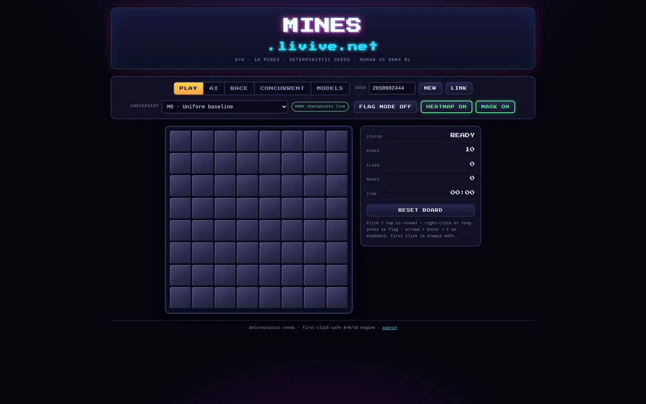 Minesweeper RL Arcade — Retro arcade cabinet where you race reinforcement-learning policies on 8x8 Minesweeper