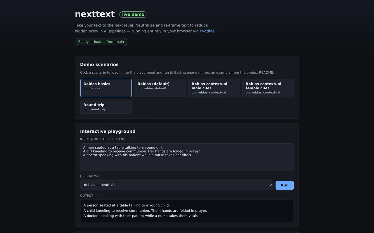 nexttext — Lightweight Python toolkit for neutralizing gendered language in AI text.