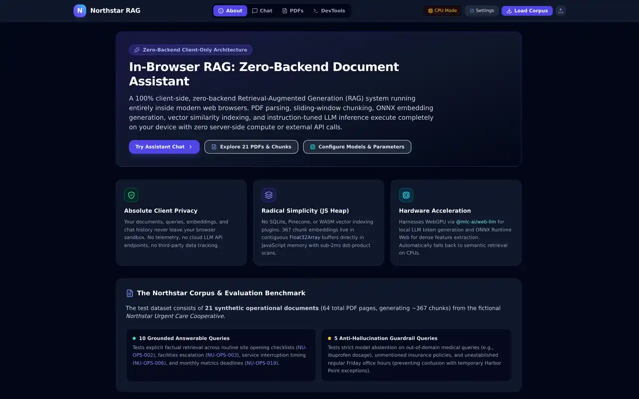 Northstar RAG POC — Zero-backend, fully client-side browser RAG with local embeddings and WebGPU LLMs