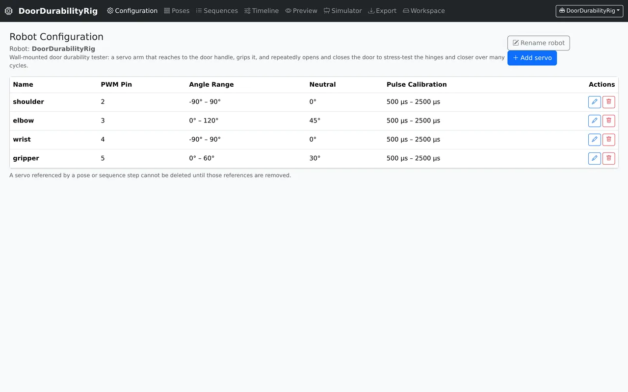 Robot Motion Studio — Design, simulate, and export PWM servo motion sequences for Arduino robots