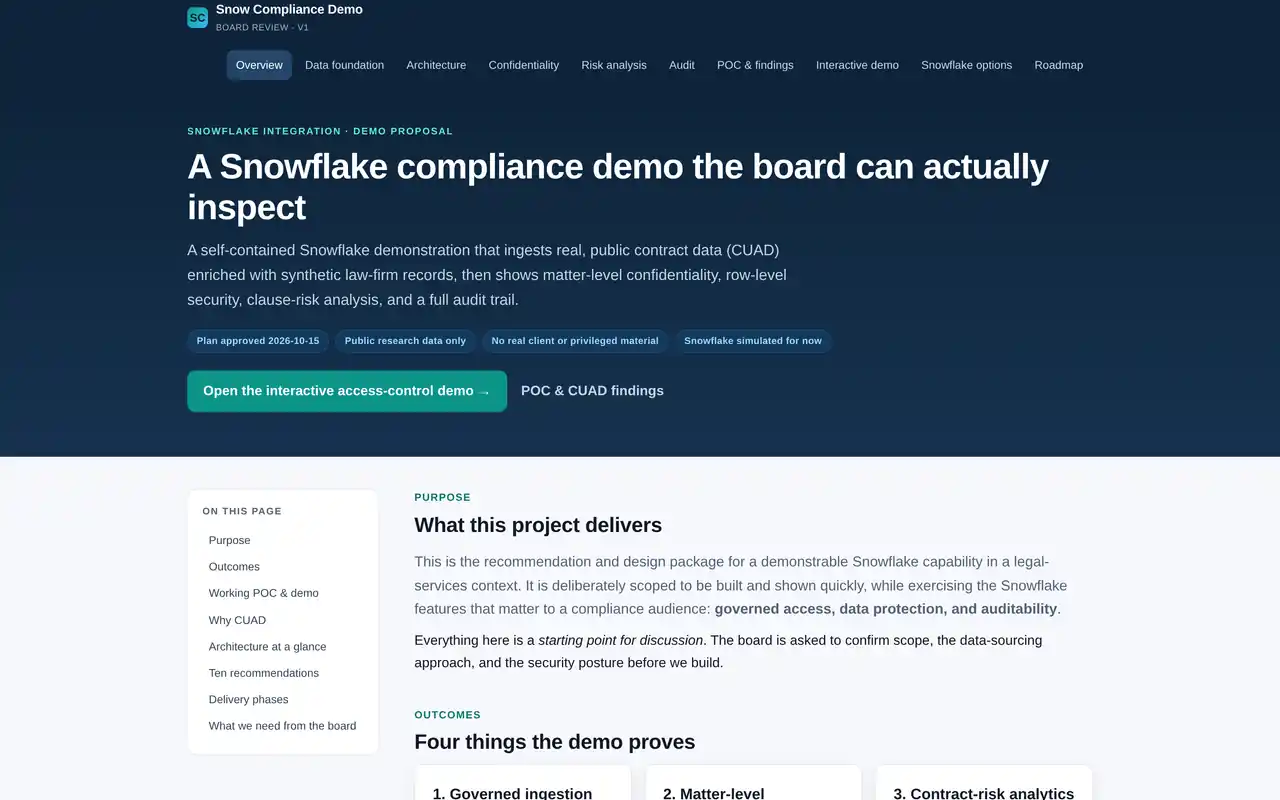 Snowflake Compliance Demo — Board-review plan and working POC for a Snowflake legal-compliance platform