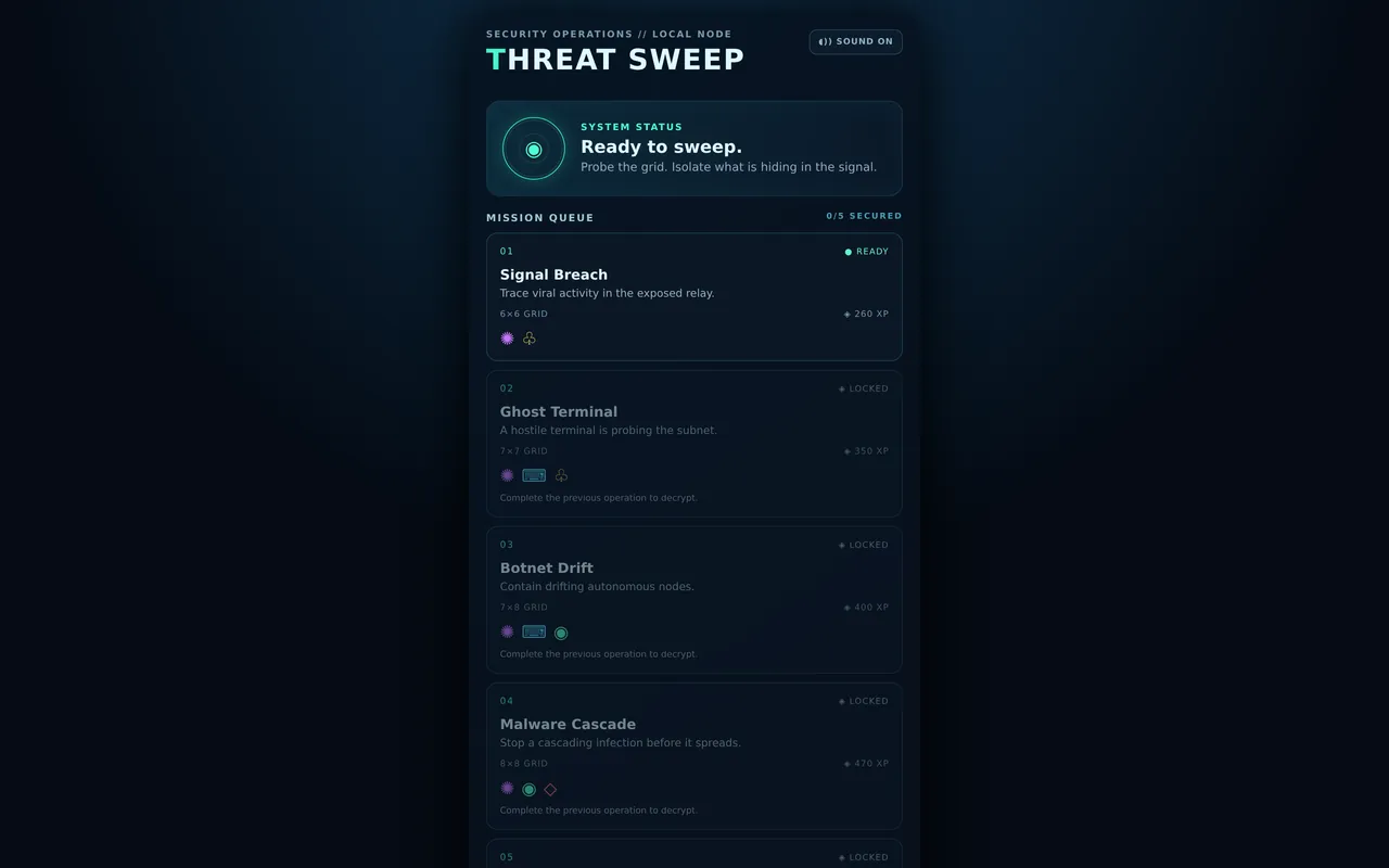 Threat Sweep — Mobile-first cyber-security puzzle: scan a compromised grid for threats
